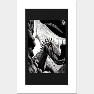 SCARY BLACK AND WHITE DINOSAUR Posters and Art